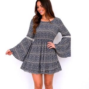 Bo Bel Navy Geometric Bell Sleeve Mini Dress Crochet Trim Boho Women Small